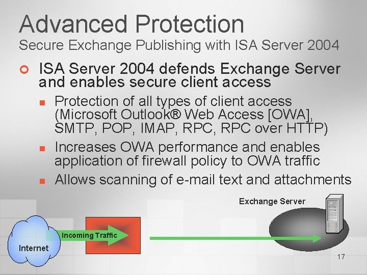 Advanced Protection Secure Exchange Publishing with ISA Server 2004 ¢ ISA Server 2004 defends