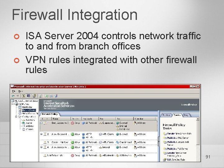 Firewall Integration ¢ ¢ ISA Server 2004 controls network traffic to and from branch