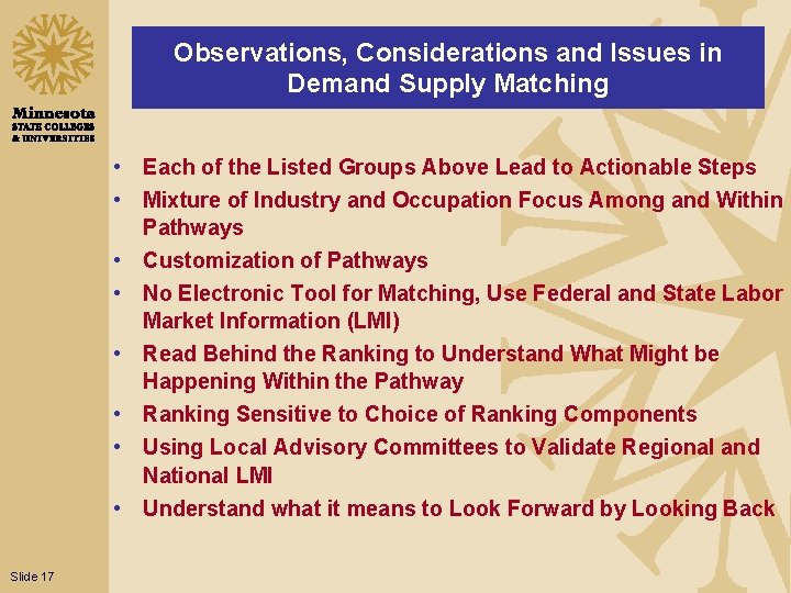Observations, Considerations and Issues in Demand Supply Matching • Each of the Listed Groups