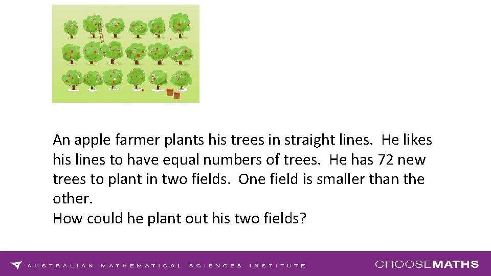 An apple farmer plants his trees in straight lines. He likes his lines to