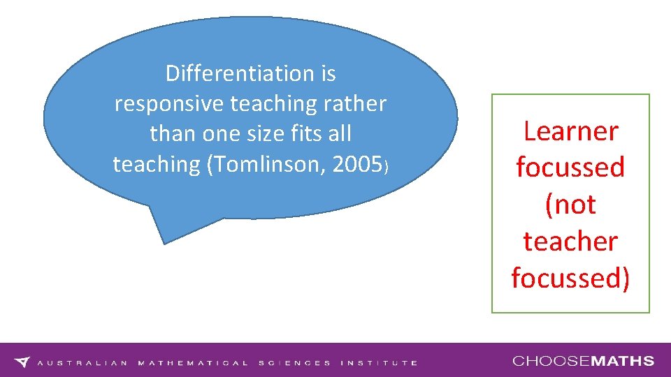 Differentiation is responsive teaching rather than one size fits all teaching (Tomlinson, 2005) Learner