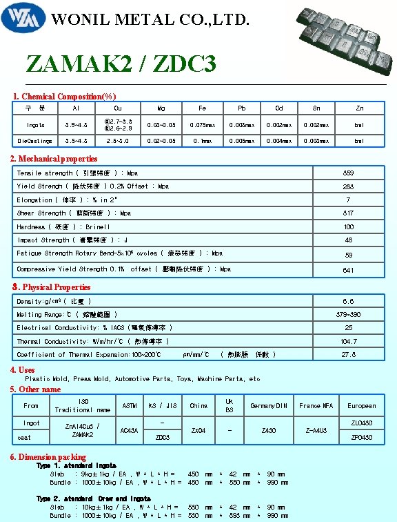 WONIL METAL CO. , LTD. ZAMAK 2 / ZDC 3 __________________________________________________________________ 1. Chemical Composition(%)