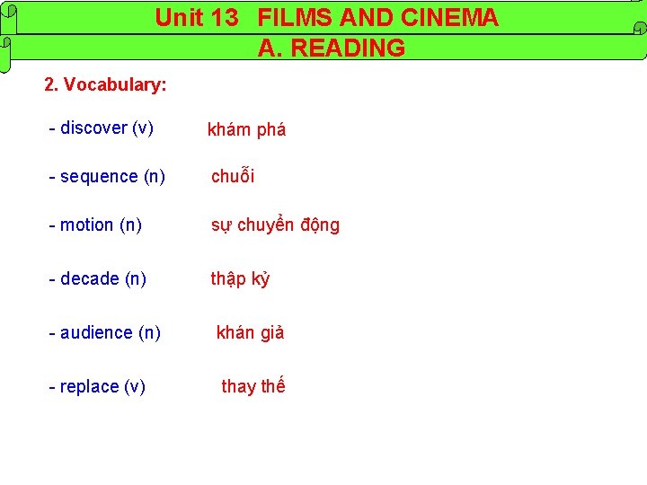 Unit 13 FILMS AND CINEMA A. READING 2. Vocabulary: - discover (v) khám phá