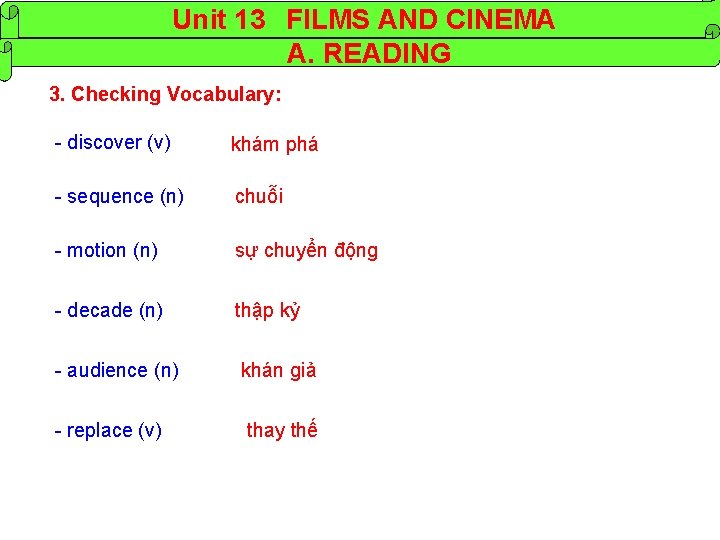 Unit 13 FILMS AND CINEMA A. READING 3. Checking Vocabulary: - discover (v) khám