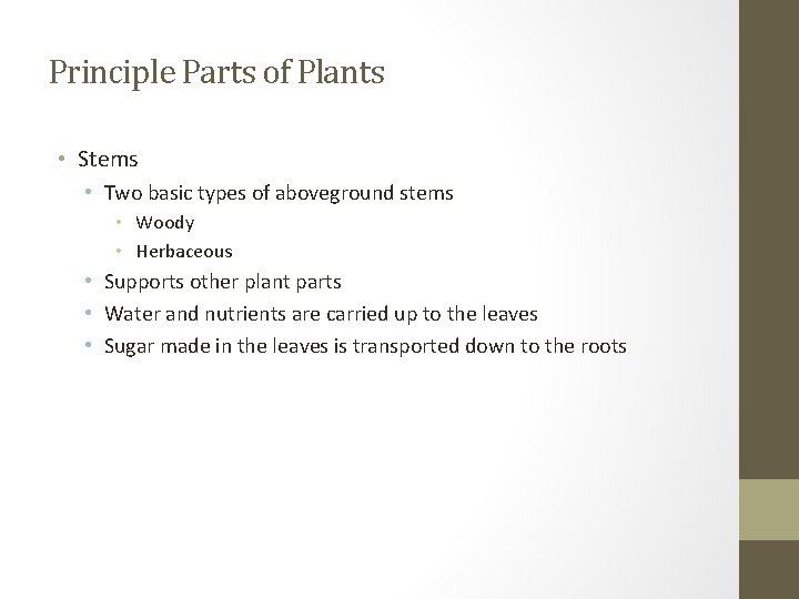 Principle Parts of Plants • Stems • Two basic types of aboveground stems •