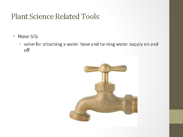 Plant Science Related Tools • Hose bib • valve for attaching a water hose