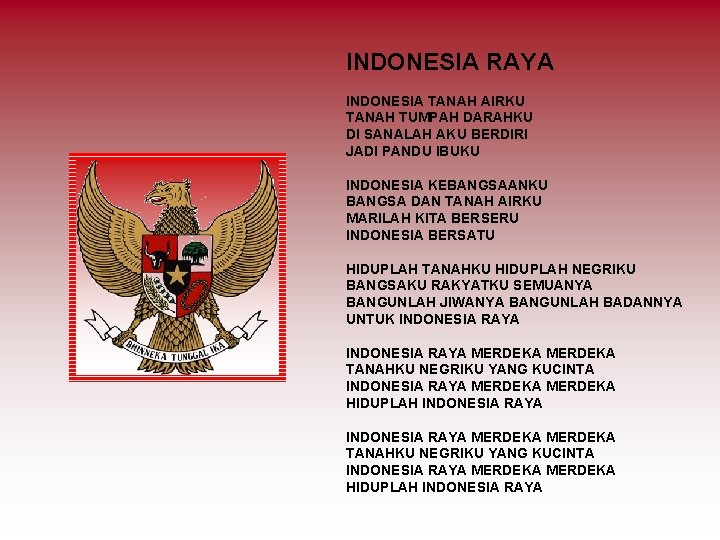 INDONESIA RAYA INDONESIA TANAH AIRKU TANAH TUMPAH DARAHKU DI SANALAH AKU BERDIRI JADI PANDU