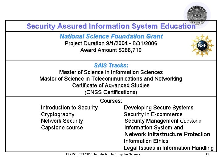 Security Assured Information System Education National Science Foundation Grant Project Duration 9/1/2004 - 8/31/2006 Security Assured Information System Education National Science Foundation Grant Project Duration 9/1/2004 - 8/31/2006