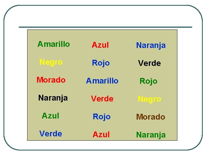 Amarillo Azul Naranja Negro Rojo Verde Morado Amarillo Rojo Naranja Verde Negro Azul Rojo Amarillo Azul Naranja Negro Rojo Verde Morado Amarillo Rojo Naranja Verde Negro Azul Rojo
