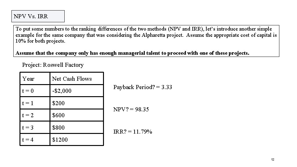 NPV Vs. IRR To put some numbers to the ranking differences of the two NPV Vs. IRR To put some numbers to the ranking differences of the two