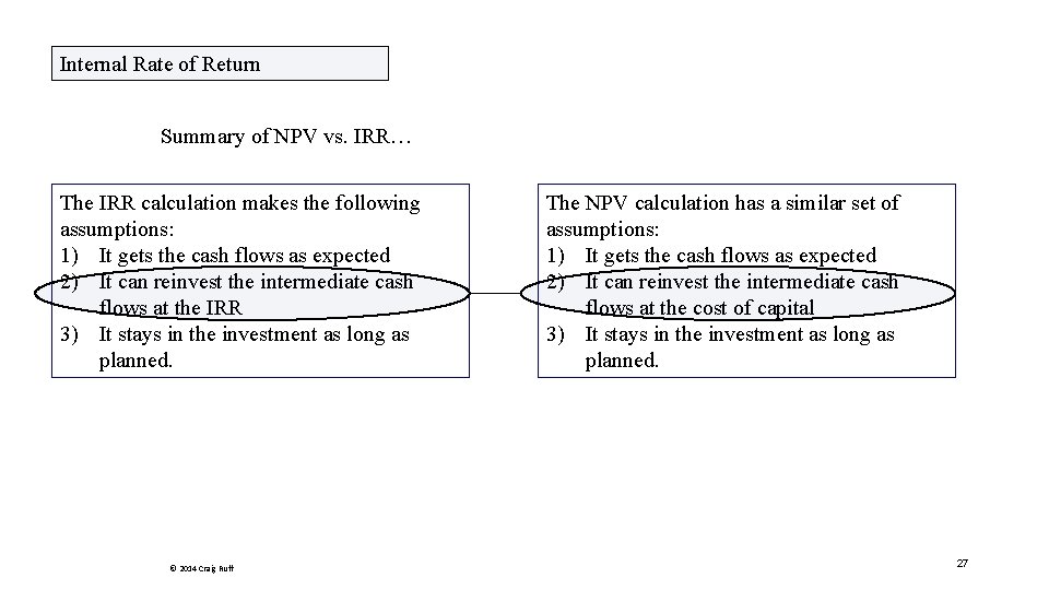 Internal Rate of Return Summary of NPV vs. IRR… The IRR calculation makes the