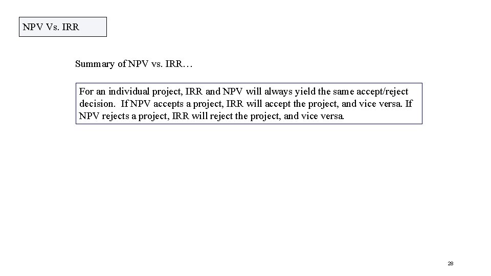 NPV Vs. IRR Summary of NPV vs. IRR… For an individual project, IRR and