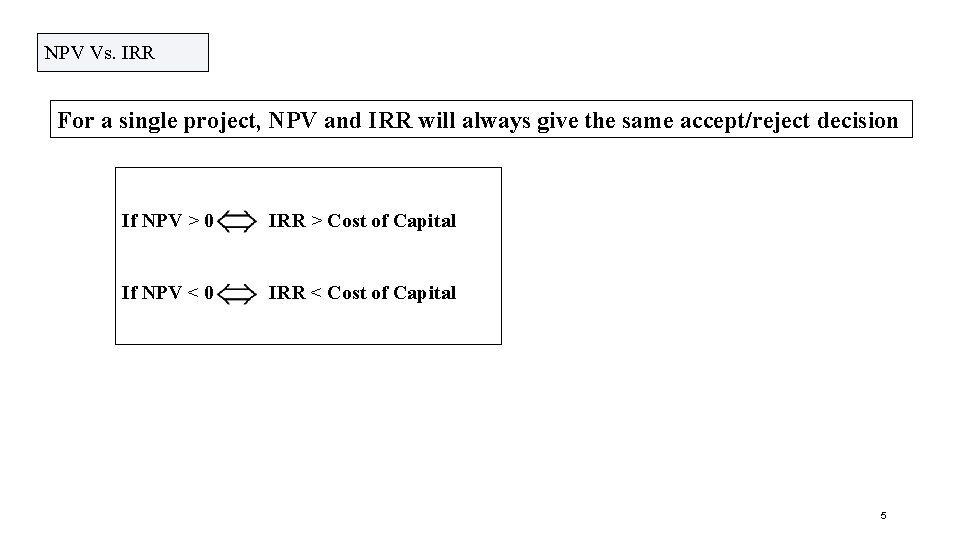 NPV Vs. IRR For a single project, NPV and IRR will always give the