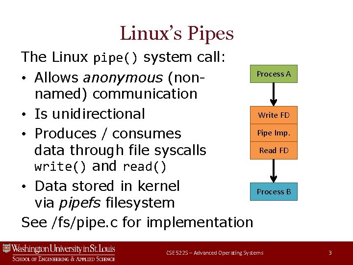 Linux’s Pipes The Linux pipe() system call: Process A • Allows anonymous (nonnamed) communication