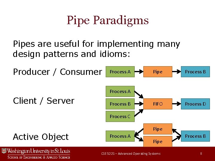 Pipe Paradigms Pipes are useful for implementing many design patterns and idioms: Producer /
