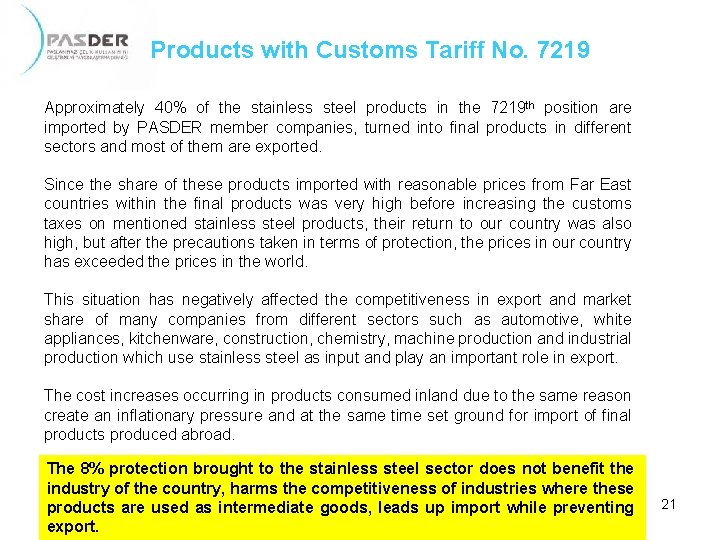 Products with Customs Tariff No. 7219 Approximately 40% of the stainless steel products in