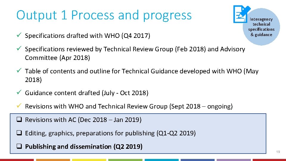 Output 1 Process and progress ü Specifications drafted with WHO (Q 4 2017) Interagency