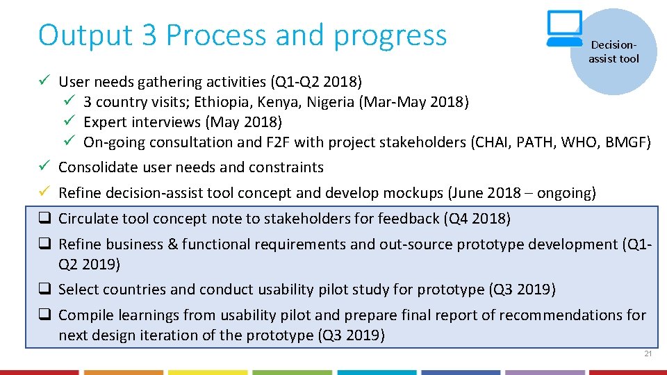 Output 3 Process and progress Decisionassist tool ü User needs gathering activities (Q 1