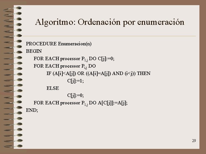 Algoritmo: Ordenación por enumeración PROCEDURE Enumeracion(n) BEGIN FOR EACH processor P 1, j DO