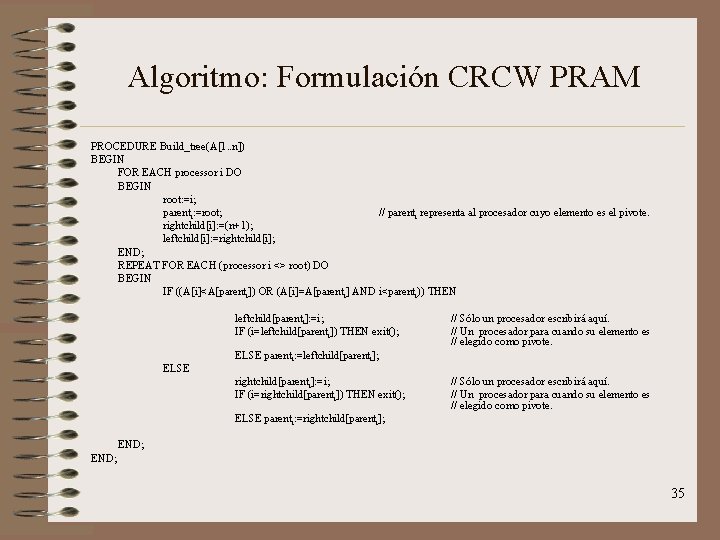 Algoritmo: Formulación CRCW PRAM PROCEDURE Build_tree(A[1. . n]) BEGIN FOR EACH processor i DO