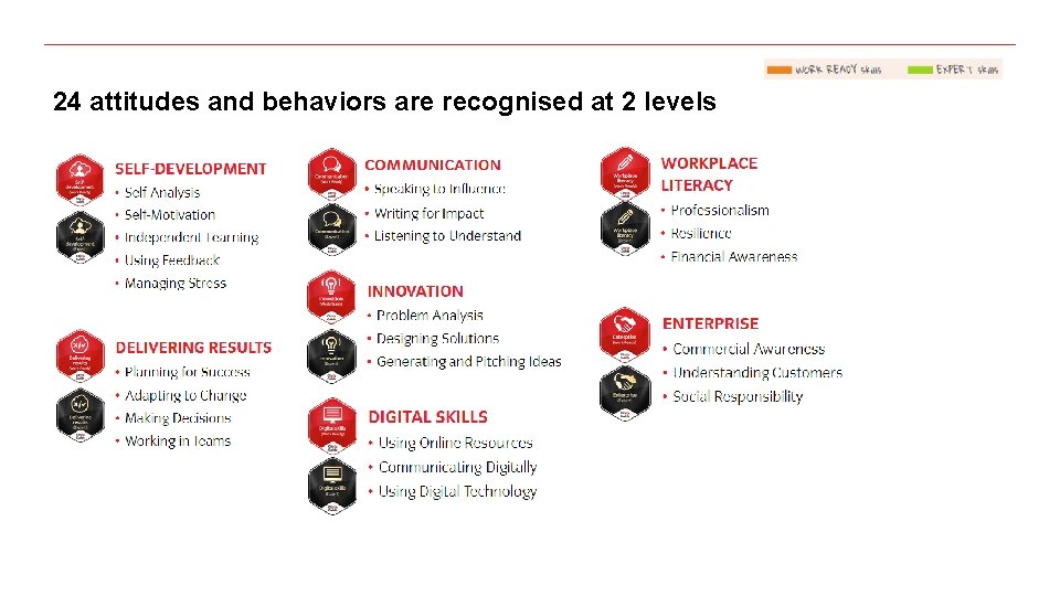 24 attitudes and behaviors are recognised at 2 levels 