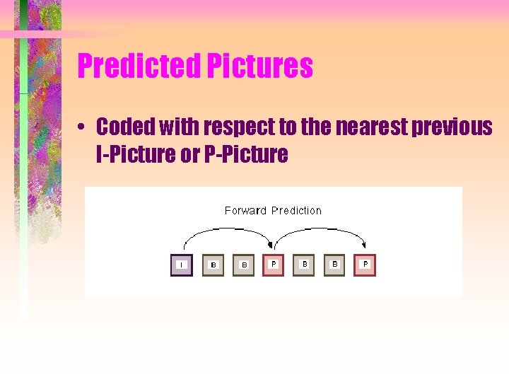 Predicted Pictures • Coded with respect to the nearest previous I-Picture or P-Picture 