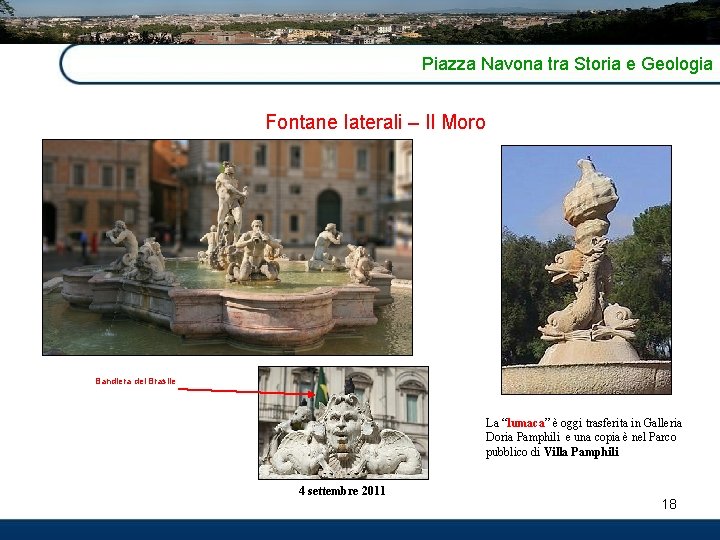 Piazza Navona tra Storia e Geologia Fontane laterali – Il Moro Bandiera del Brasile