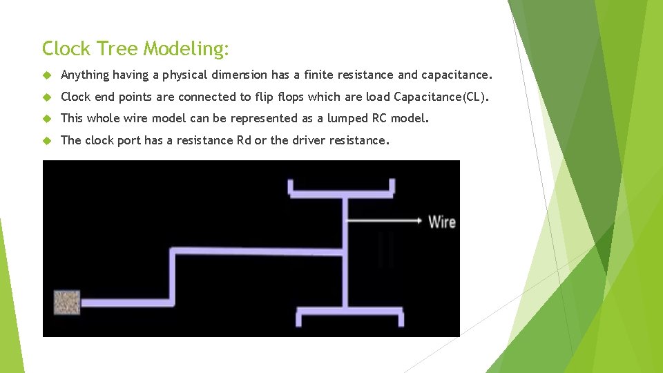 Clock Tree Modeling: Anything having a physical dimension has a finite resistance and capacitance.