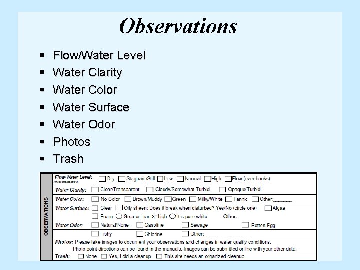 Observations § § § § Flow/Water Level Water Clarity Water Color Water Surface Water