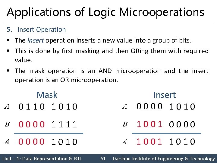 Applications of Logic Microoperations 5. Insert Operation § The insert operation inserts a new