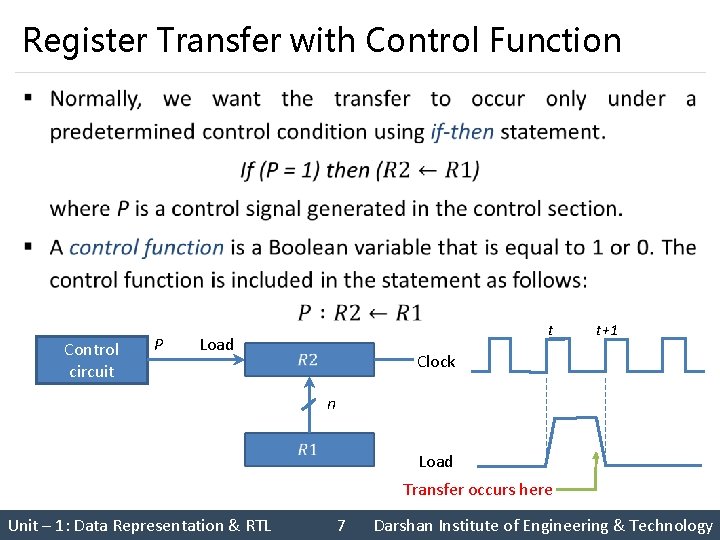 Register Transfer with Control Function § Control circuit P Load t t+1 Clock n