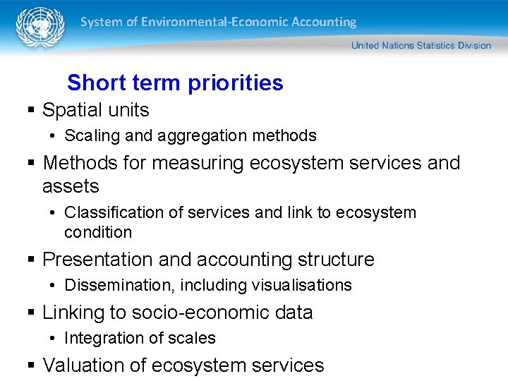 System of Environmental-Economic Accounting Short term priorities § Spatial units • Scaling and aggregation System of Environmental-Economic Accounting Short term priorities § Spatial units • Scaling and aggregation