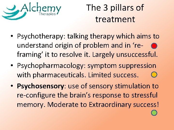 The 3 pillars of treatment • Psychotherapy: talking therapy which aims to understand origin The 3 pillars of treatment • Psychotherapy: talking therapy which aims to understand origin