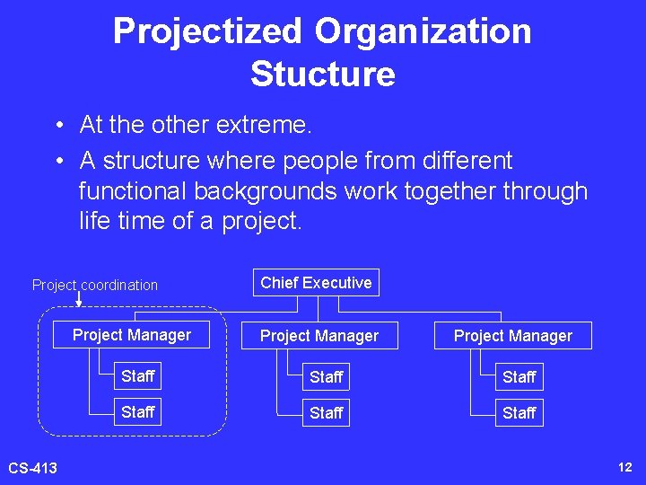Projectized Organization Stucture • At the other extreme. • A structure where people from
