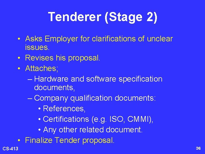 Tenderer (Stage 2) • Asks Employer for clarifications of unclear issues. • Revises his