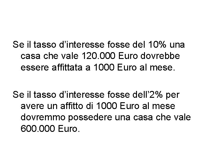 Se il tasso d’interesse fosse del 10% una casa che vale 120. 000 Euro