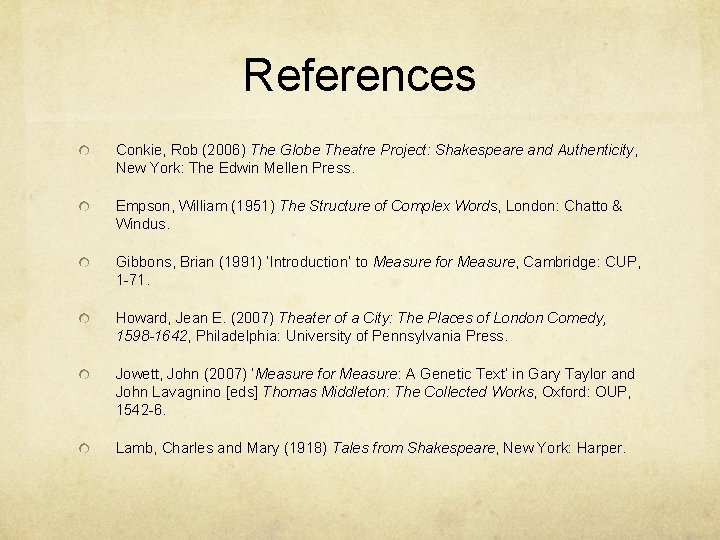 References Conkie, Rob (2006) The Globe Theatre Project: Shakespeare and Authenticity, New York: The