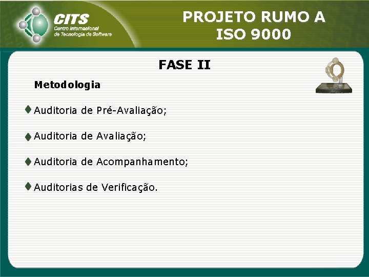 PROJETO RUMO A ISO 9000 FASE II Metodologia Auditoria de Pré-Avaliação; Auditoria de Acompanhamento;