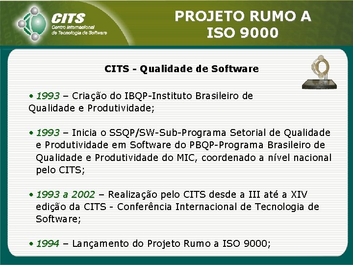 PROJETO RUMO A ISO 9000 CITS - Qualidade de Software • 1993 – Criação