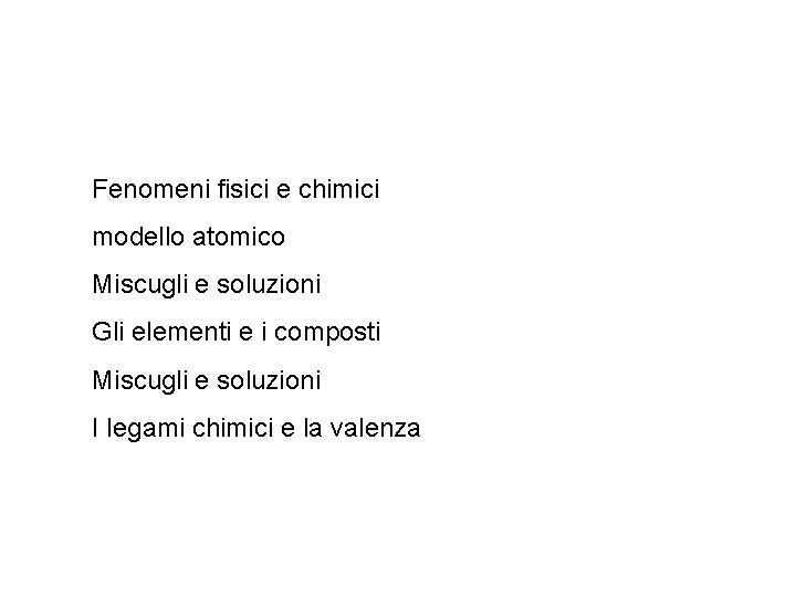 Fenomeni fisici e chimici modello atomico Miscugli e soluzioni Gli elementi e i composti