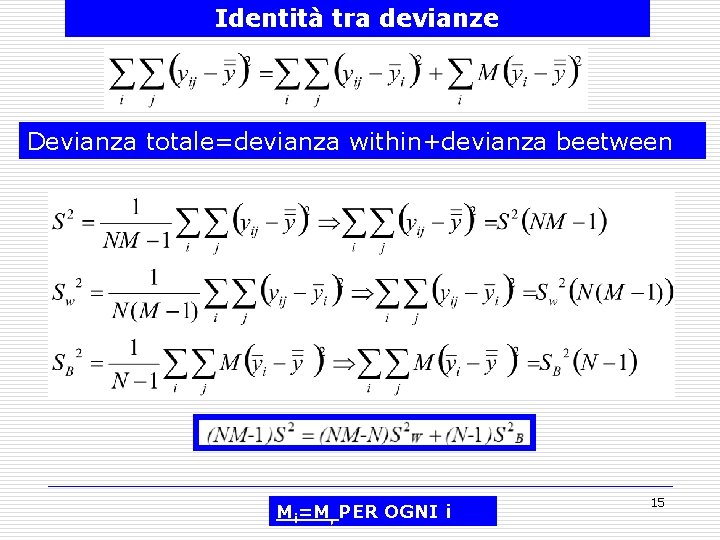 Identità tra devianze Devianza totale=devianza within+devianza beetween Mi=M, PER OGNI i 15 