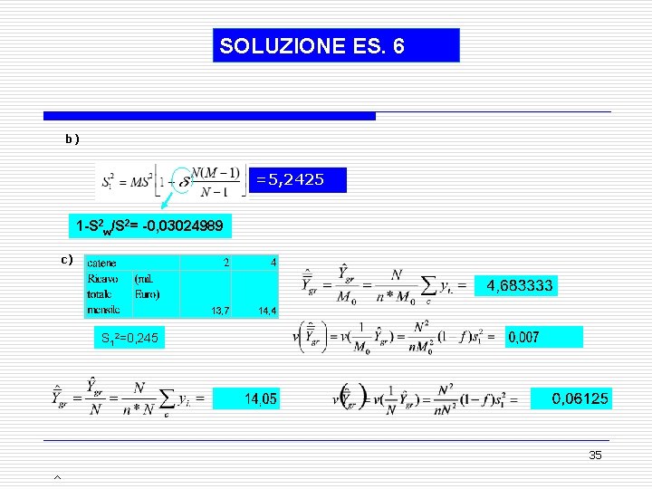 SOLUZIONE ES. 6 b) =5, 2425 1 -S 2 w/S 2= -0, 03024989 c)