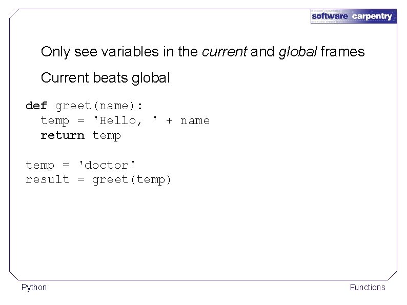 Only see variables in the current and global frames Current beats global def greet(name):