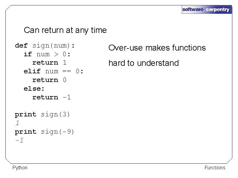 Can return at any time def sign(num): if num > 0: return 1 elif