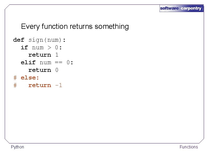 Every function returns something def sign(num): if num > 0: return 1 elif num