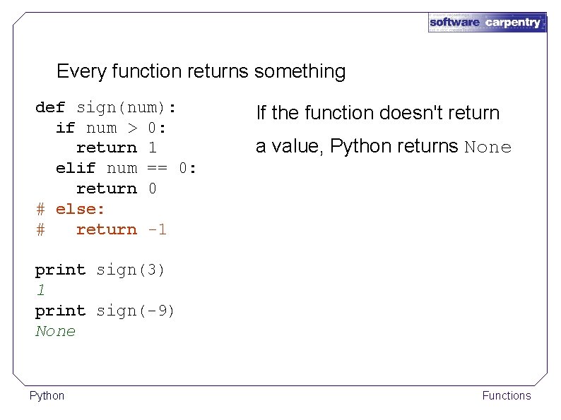 Every function returns something def sign(num): if num > 0: return 1 elif num