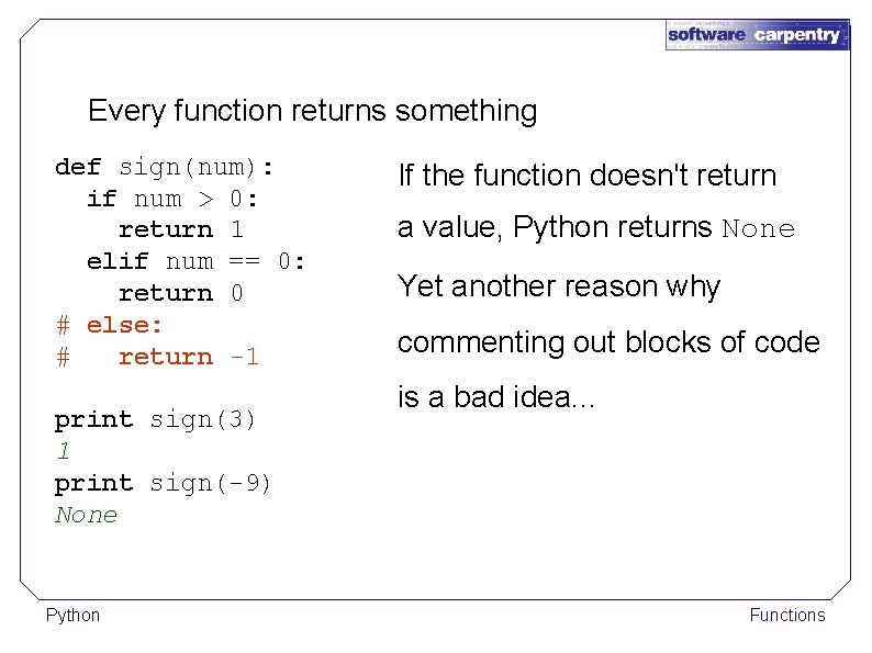 Every function returns something def sign(num): if num > 0: return 1 elif num