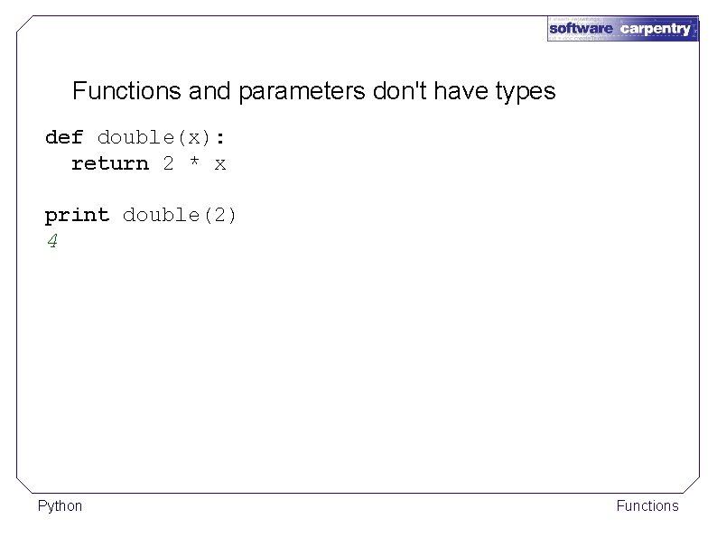 Functions and parameters don't have types def double(x): return 2 * x print double(2)