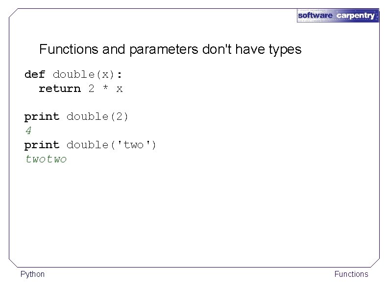 Functions and parameters don't have types def double(x): return 2 * x print double(2)