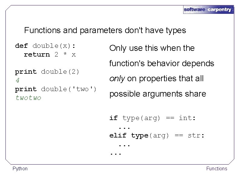 Functions and parameters don't have types def double(x): return 2 * x print double(2)